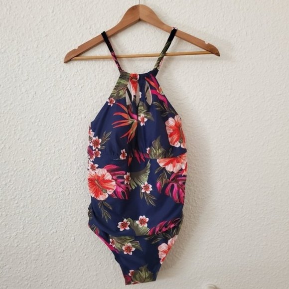 Kona Sol Navy Floral Keyhole Strap One Piece - Picture 1 of 6